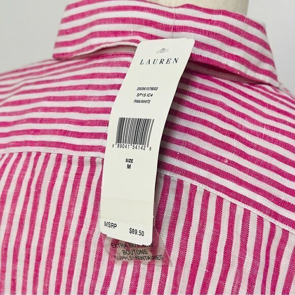 NWT Lauren Ralph Lauren Pink White Stripe Linen Blouse Tunic M Roll Tab Sleeve - Picture 13 of 13